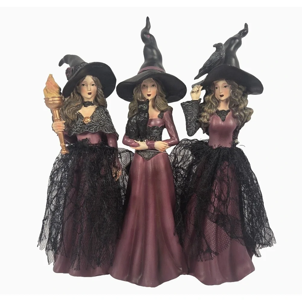 Eerie Charm Set of 3 Witch Figurines 12.5 Inch Halloween Gothic Decor Purple